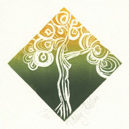 Tülay Öktem, 2, Turkey, Green Woman Tree, 2016, Linocut, 13 x 13 cm